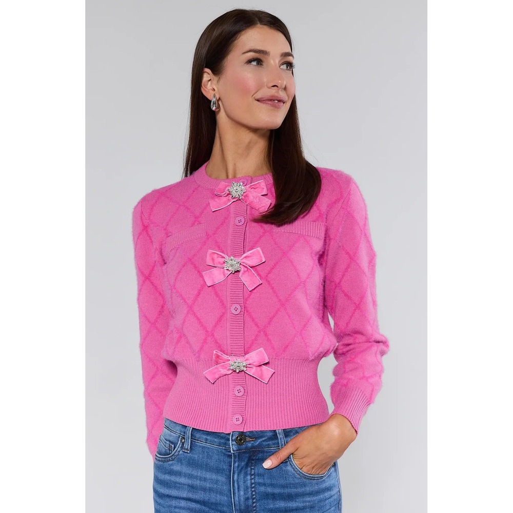 Avara Emily Pink Bow Cardigan Argyle Fuzzy Rhinestone Sweater Monochrome M